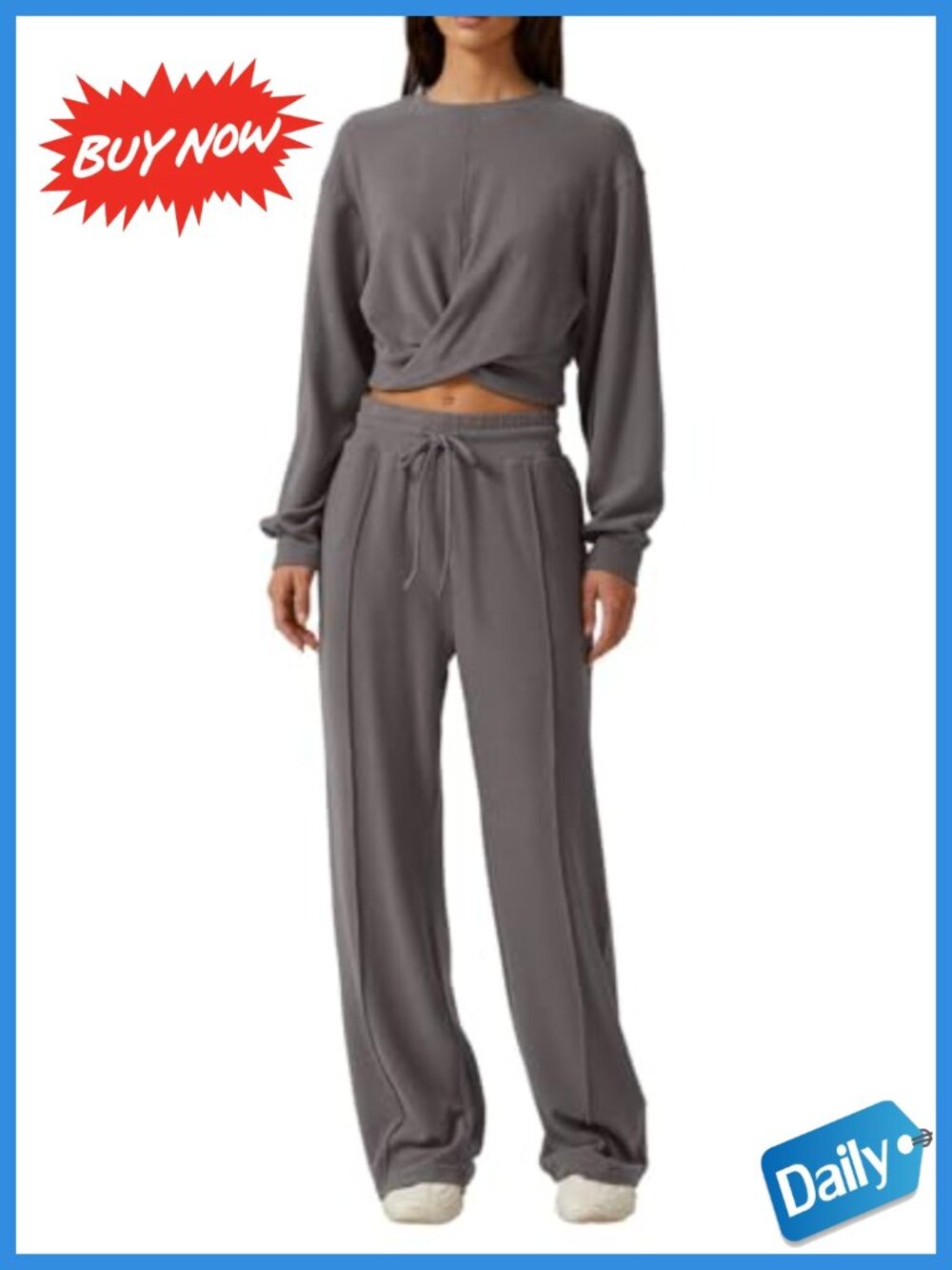2 Piece Sweatsuit Set Twist Front Cropped Sweatshirt Wide Leg Sweatpant Lounge
